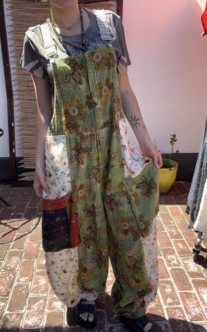 Green and White Floral Patchwork Overalls